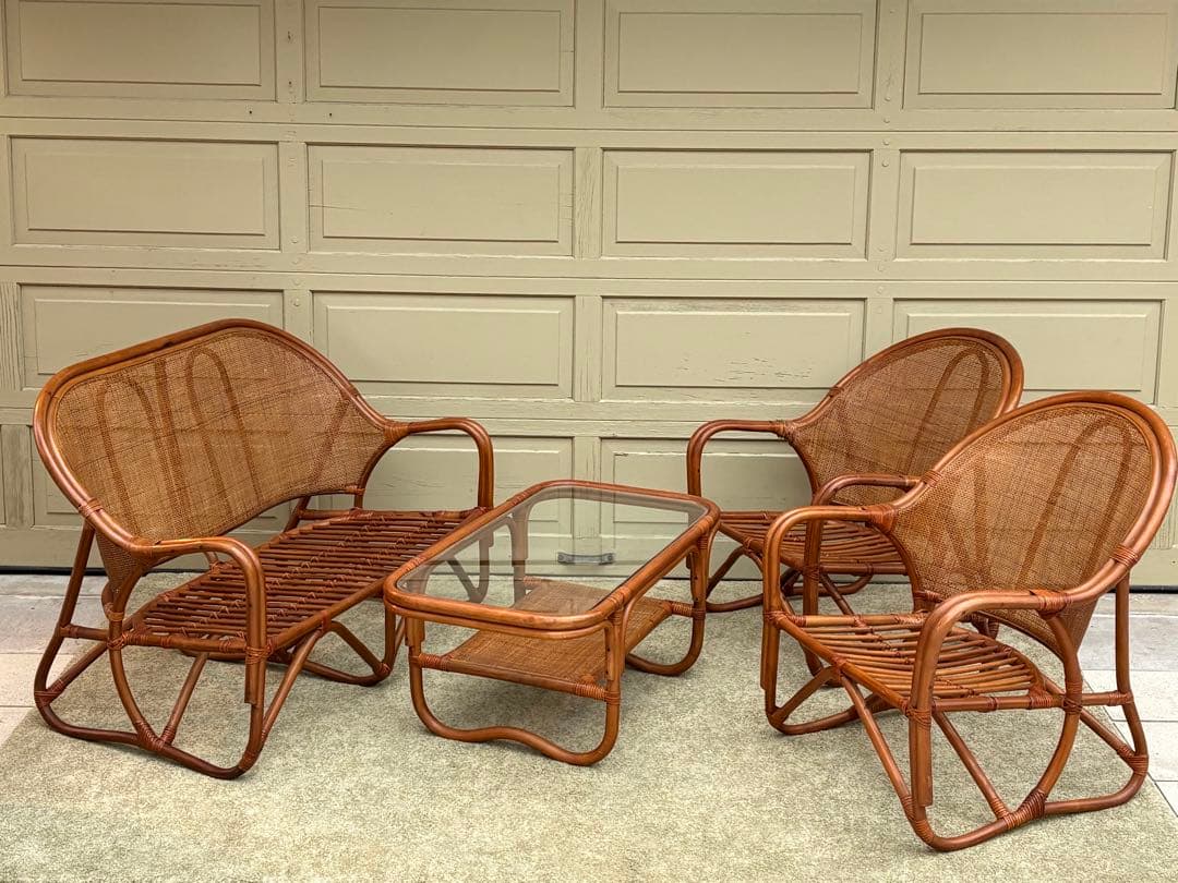 希少 昭和レトロ ラタン ガラステーブル 籐家具 センターテーブル ヴィンテージ