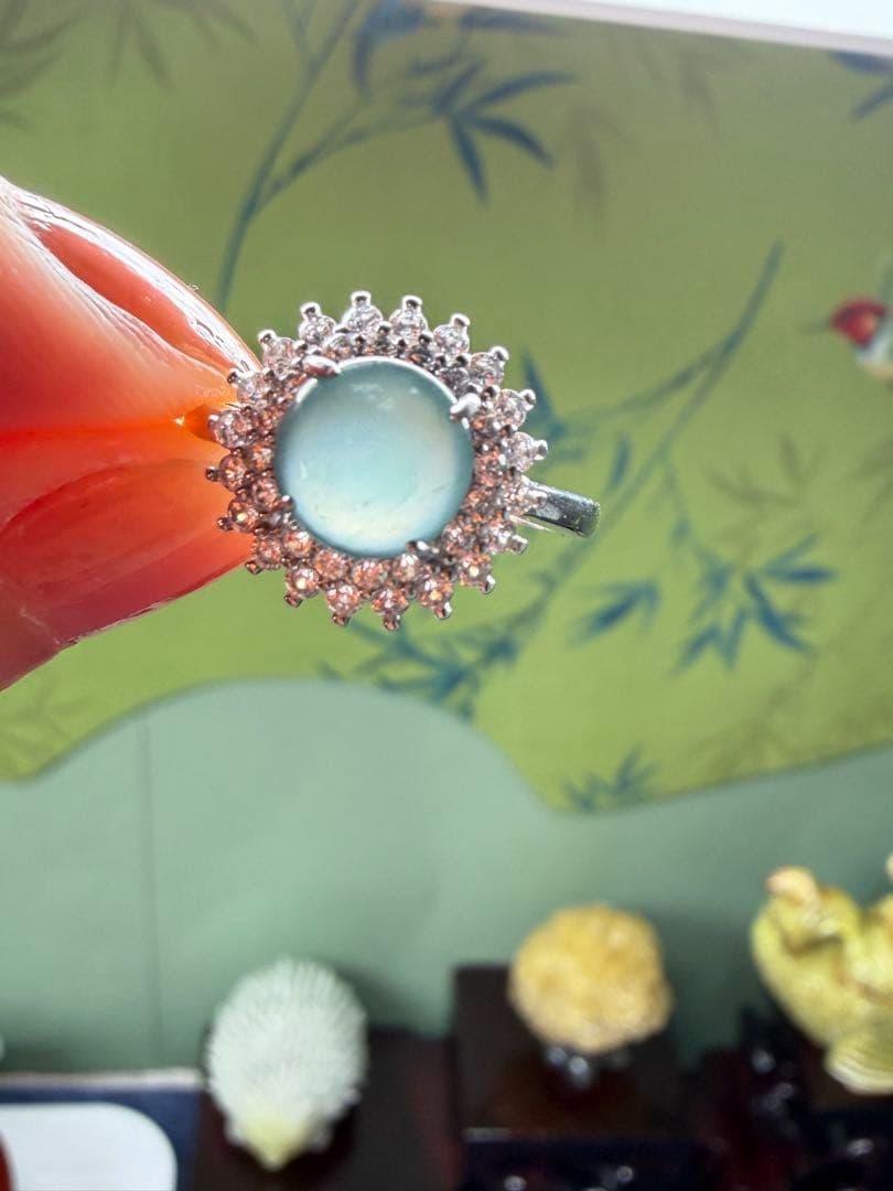 新入荷❣️天然本翡翠　豪華版S925クリスタル種氷藍水リング　鑑定書付き