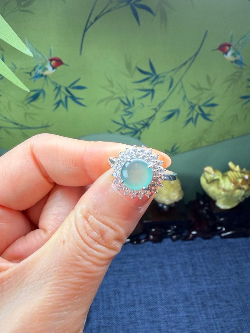 新入荷❣️天然本翡翠　豪華版S925クリスタル種氷藍水リング　鑑定書付き