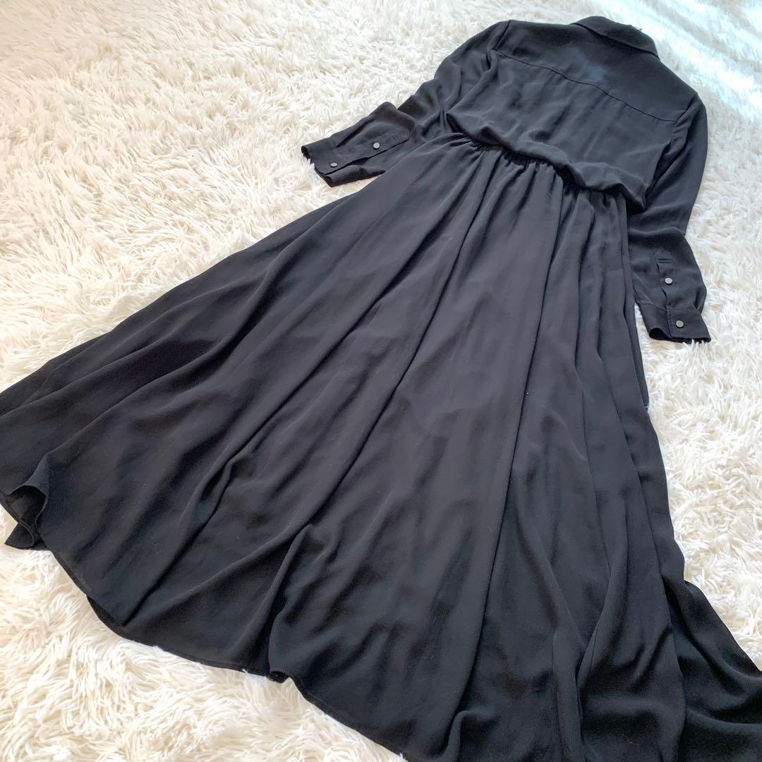 美品✨高級感 ダイアグラム シフォン マキシ丈 シャツワンピース シアー切替 黒