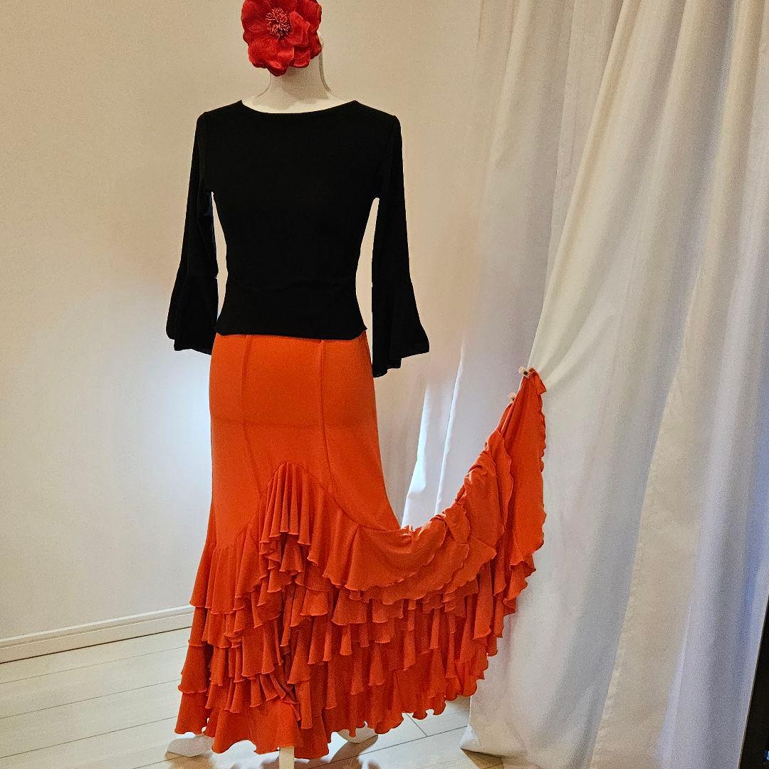 フラメンコ スカート オレンジ 6段フリル