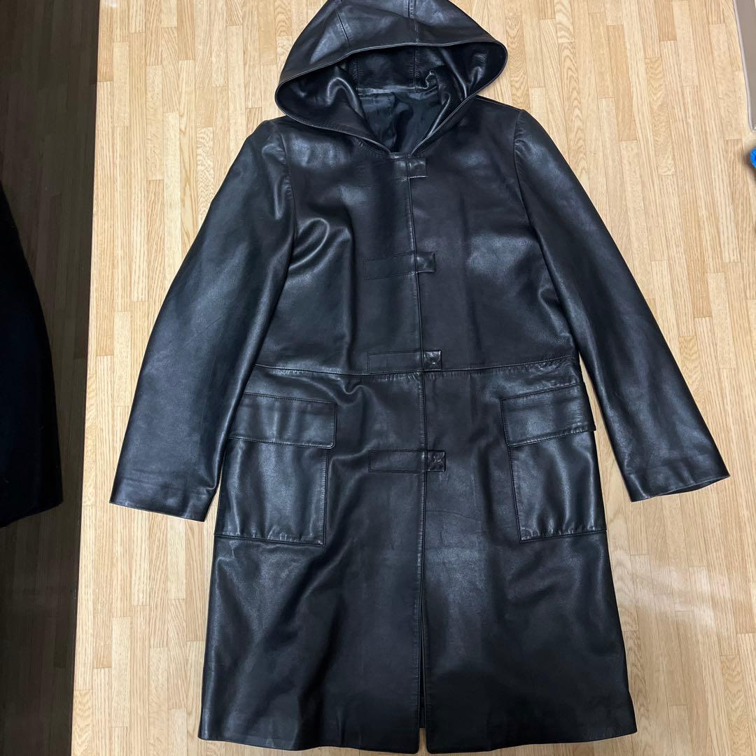 レザーロングジャケット フード付 イタリア製羊毛 ナイロン アセテート