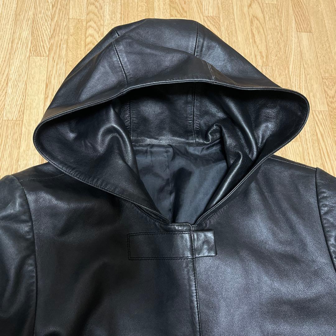 レザーロングジャケット フード付 イタリア製羊毛 ナイロン アセテート