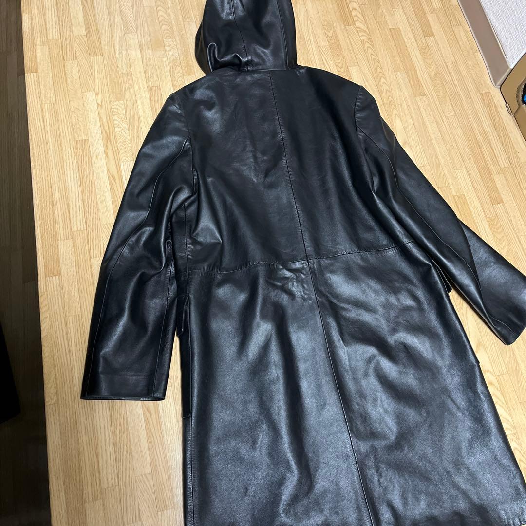 レザーロングジャケット フード付 イタリア製羊毛 ナイロン アセテート