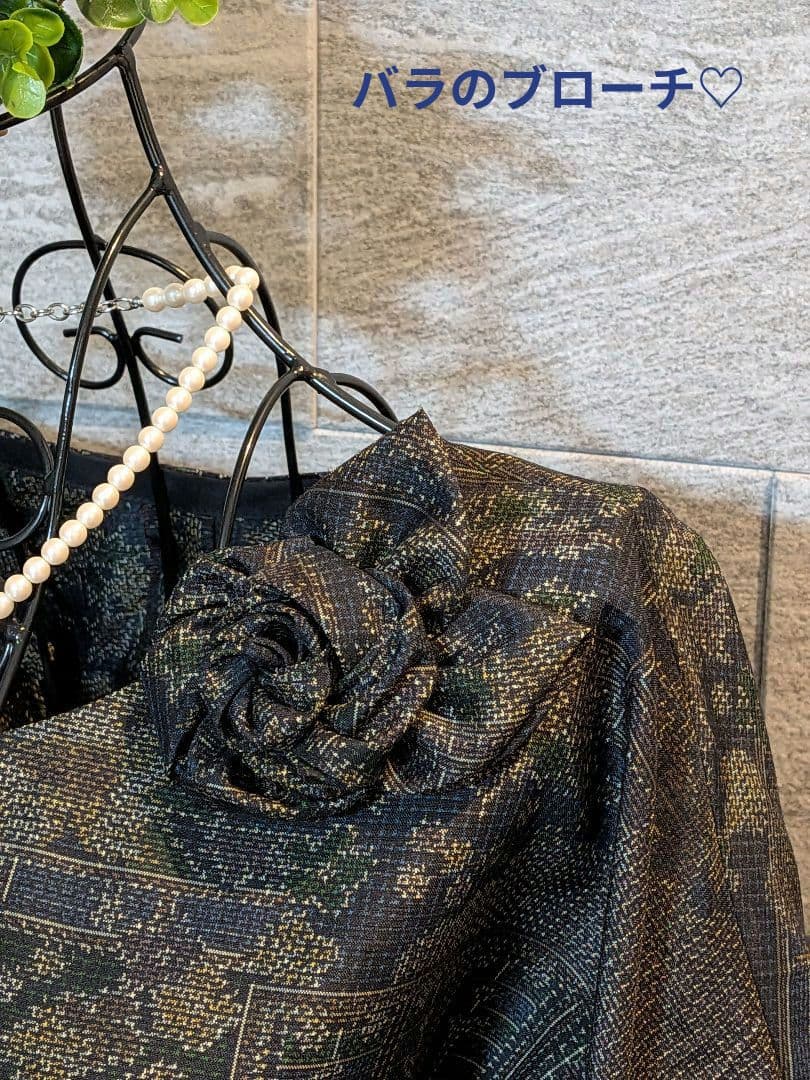 A282正絹紬リメイクふんわり2way袖Aラインワンピース★ リボン・ブローチ