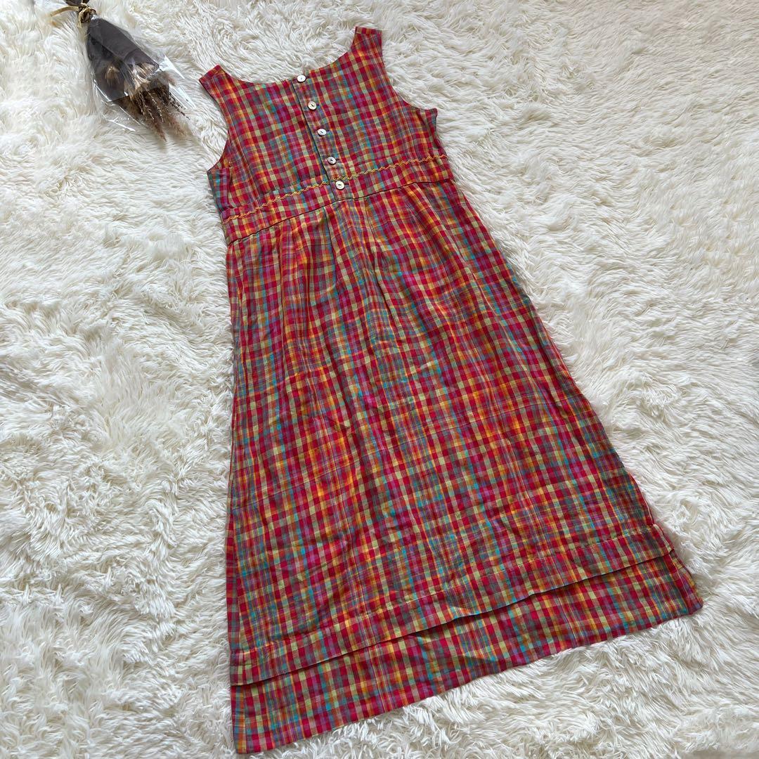 【リゼッタ】ワンピース/チェック/レッド/総柄/麻100%/リネン/ノースリーブ