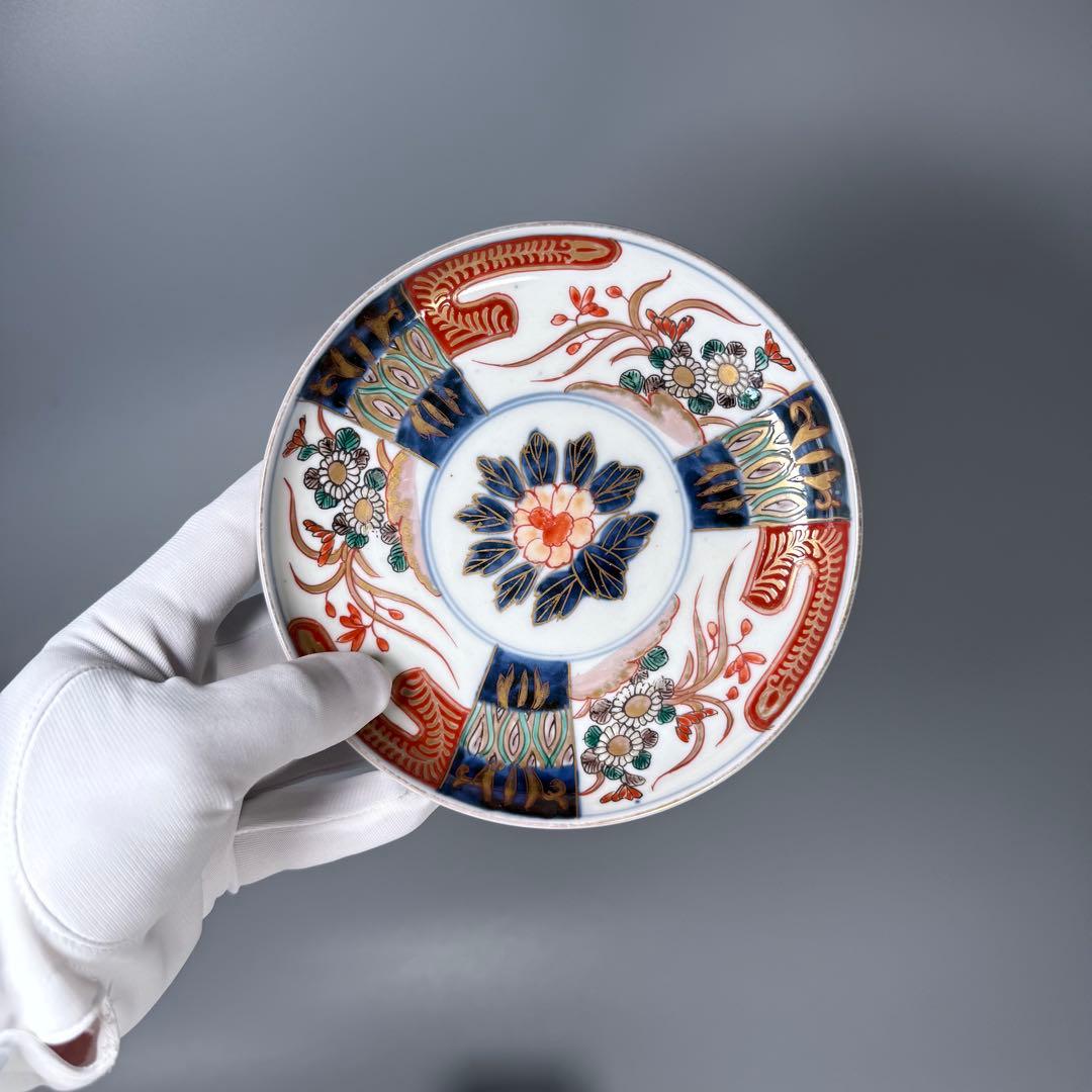 幕末〜明治期　染錦三方花草文様五寸皿　五枚　直径15.4cm　古伊万里　料理屋