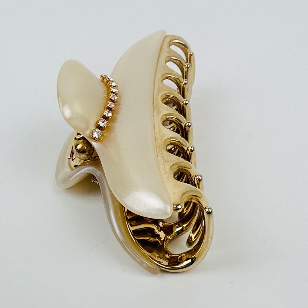 美品　アッカ　バレッタ　ヘアクリップ ゴールド アイボリー 約10cm ロゴ