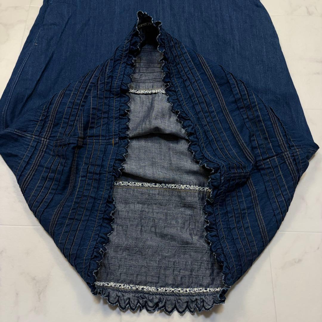 45R リネン　コットン　デニムワンピース　小麦デニムのタックレースドレス