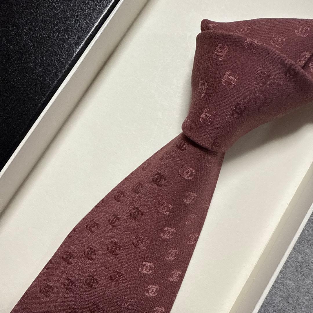 シャネル　ネクタイ　赤茶　CCココマーク 総柄