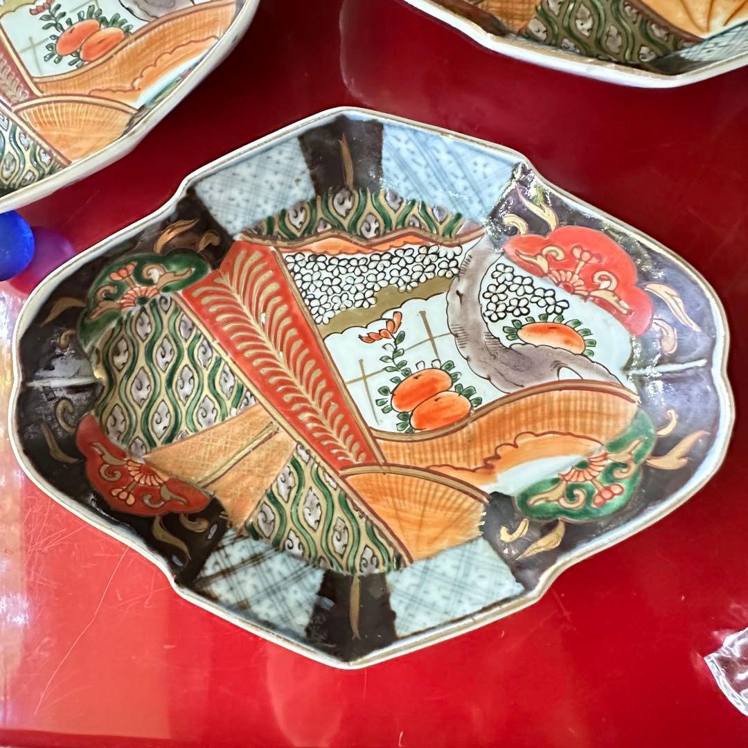 2203様感謝‼️四季にうるわし‼️伊万里錦手若松＆橙＆ふきよせ　兜菱形刺身皿5客