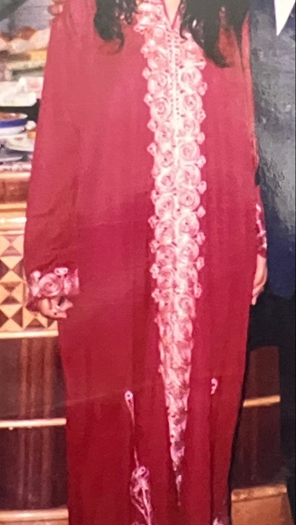 ｟チュニジア民族衣装｠バーガンディ刺繍フード付きロングドレス