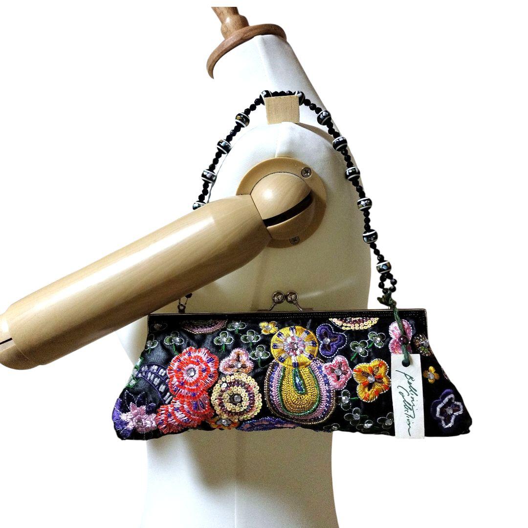 美品✨2way　ビーズバッグ　がま口　刺繍　スパンコール　肩掛　マルチカラー　黒